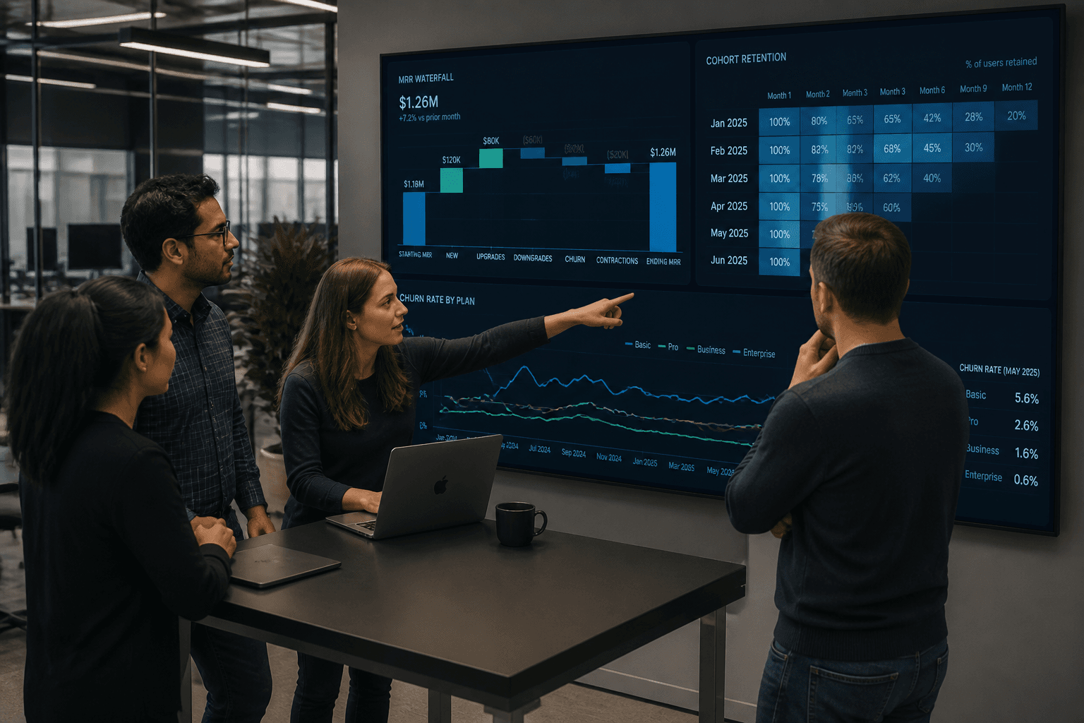 A SaaS product analytics team in a modern open-plan office reviewing a large wall-mounted dashboard displaying MRR water
