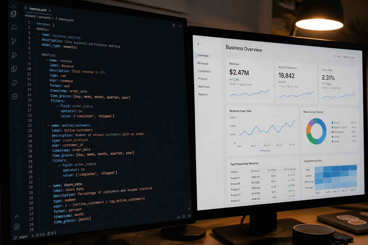 Data engineer defining dbt MetricFlow semantic layer YAML metrics in modern IDE