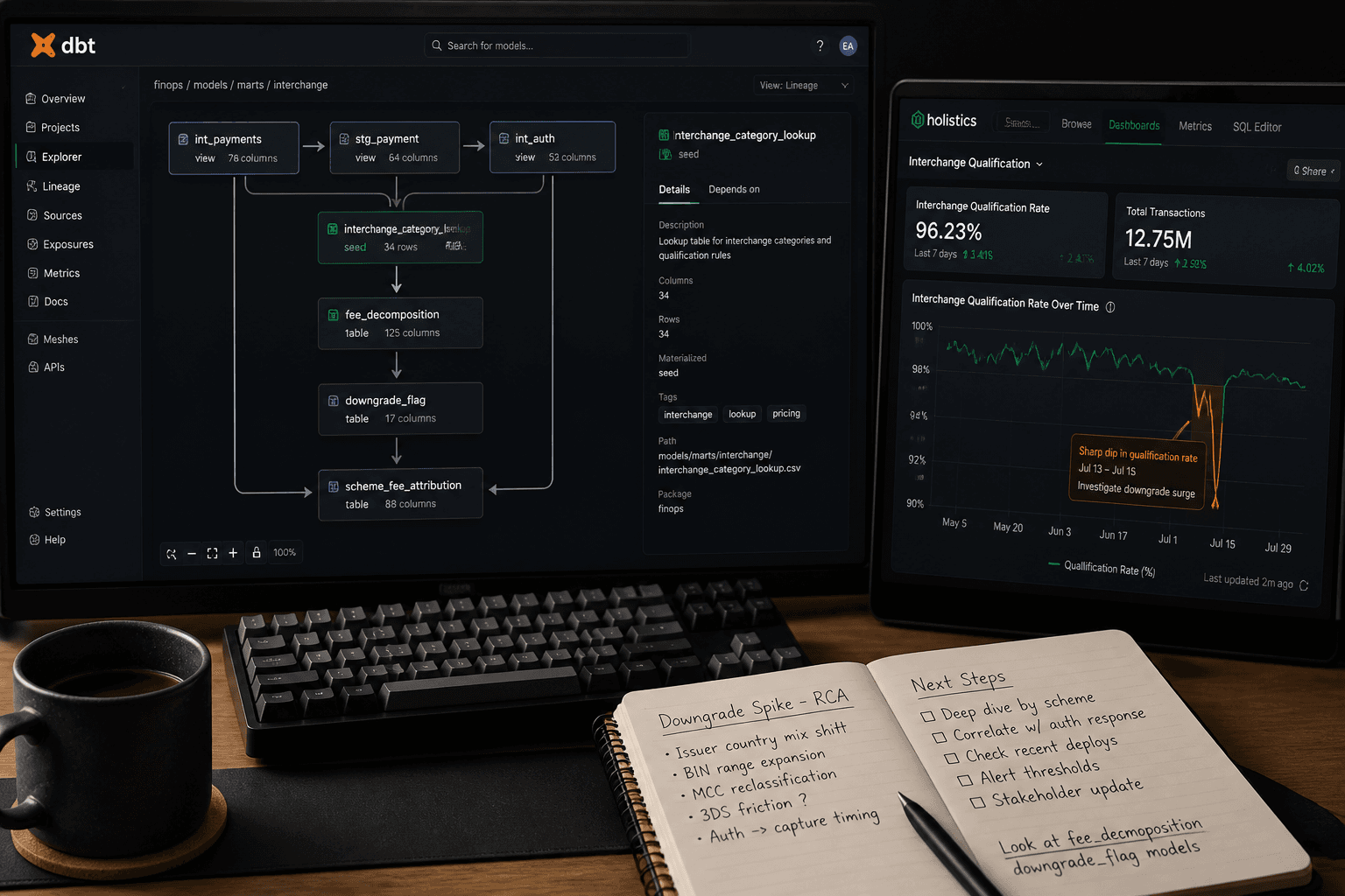 dbt data model pipeline for interchange fee attribution and qualification rate monitoring dashboard
