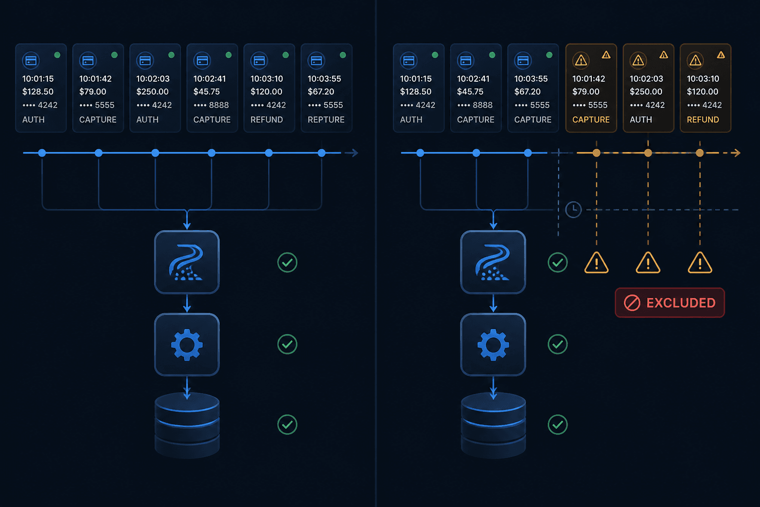Diagram showing late-arriving payment events excluded by a dbt BigQuery incremental model watermark