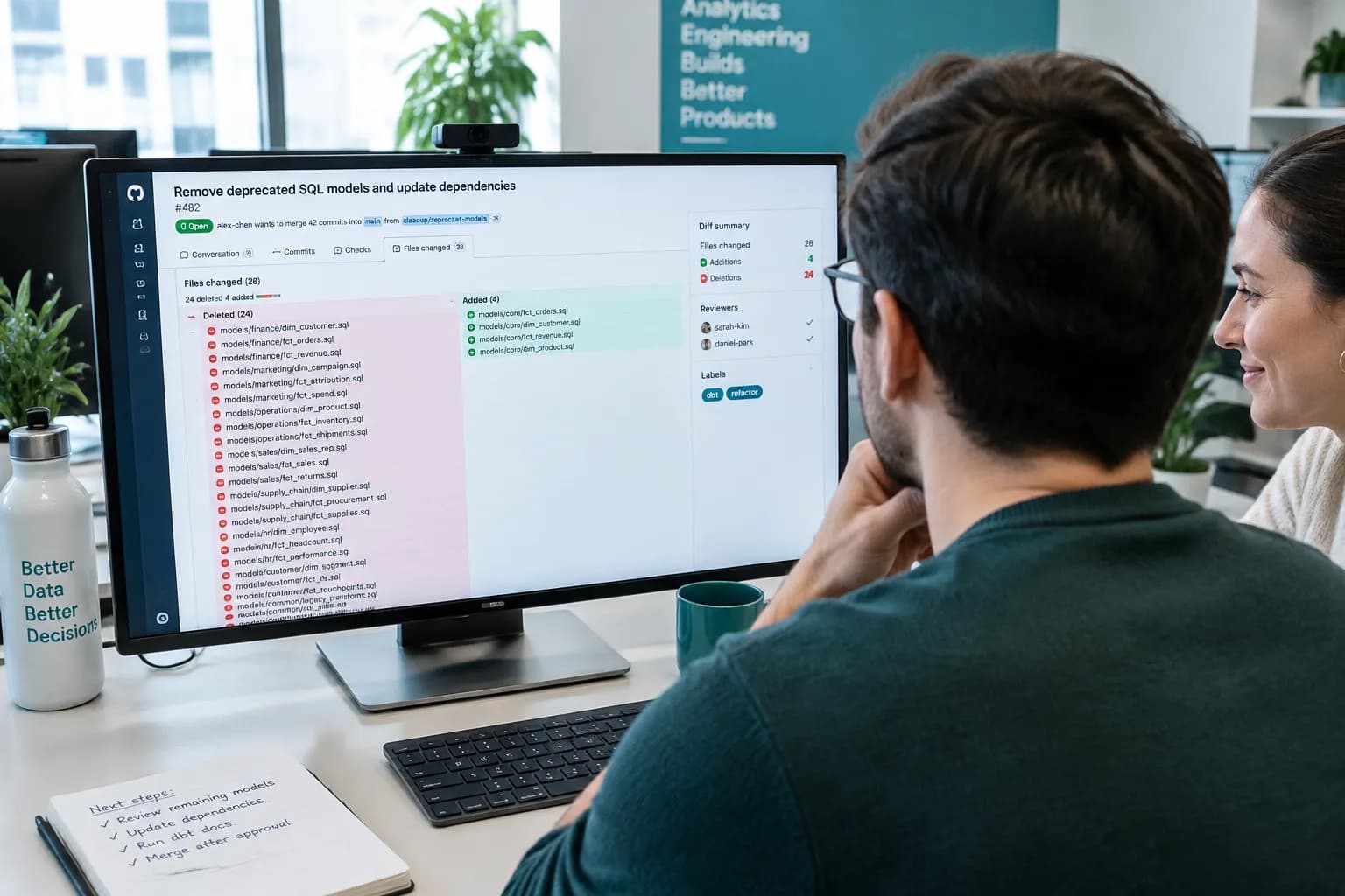 Analytics engineers reviewing dbt pull request deleting unused Snowflake models and tables